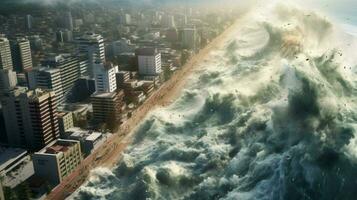 tsunami waves crashing into coastal city flooding photo