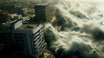 tsunami waves crashing into coastal city flooding photo