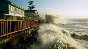 tsunami waves crashing over seawalls and dikes in photo