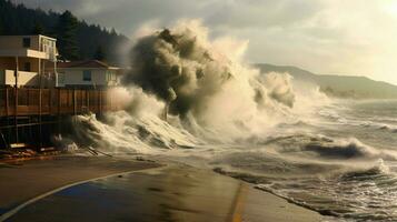 tsunami waves crashing over seawalls and dikes in photo