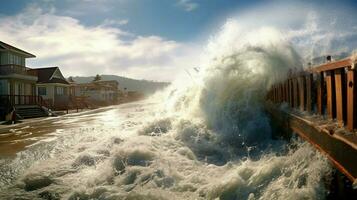 tsunami waves crashing over seawalls and dikes in photo