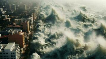 tsunami waves crashing into coastal city flooding photo