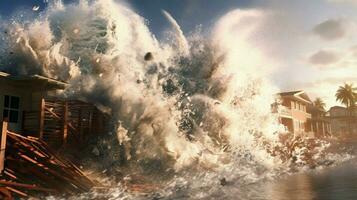 tsunami waves crashing against the shore sending photo