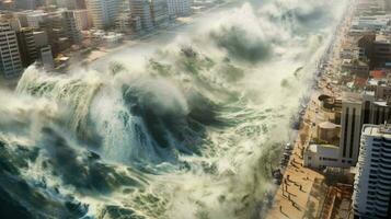 tsunami waves crashing into coastal city flooding photo