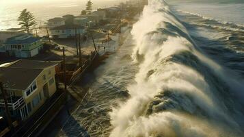 tsunami waves crashing over seawalls and dikes in photo