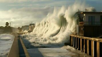 tsunami waves crashing over seawalls and dikes in photo