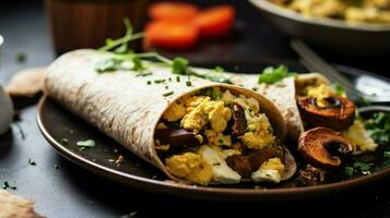 vegan breakfast burrito with scrambled tofu mushroom photo