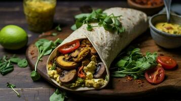 vegan breakfast burrito with scrambled tofu mushroom photo