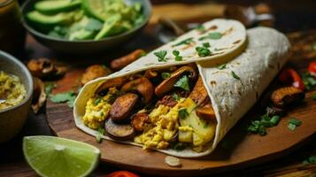 vegan breakfast burrito with scrambled tofu mushroom photo