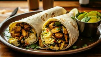 vegan breakfast burrito with scrambled tofu mushroom photo