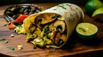 vegan breakfast burrito with scrambled tofu mushroom photo