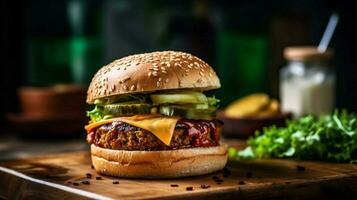 vegan cheeseburger using vegan cheese and meat photo