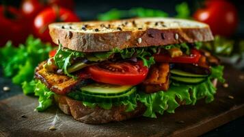 vegan sandwich stuffed with fresh vegetables photo