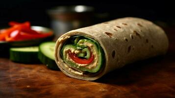 vegan wrap with hummus cucumber and red pepper on photo