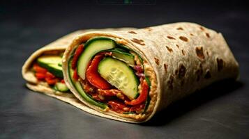 vegan wrap with hummus cucumber and red pepper on photo