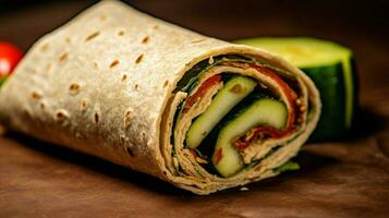 vegan wrap with hummus cucumber and red pepper on photo