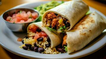 vegetariano burrito envuelto en harina tortilla foto