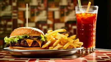 vegetariano hamburguesa y hecho en casa papas fritas en vibrante rápido foto