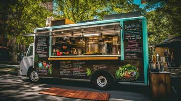 vegetariano comida camión con variedad de a base de plantas foto