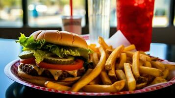 vegetariano hamburguesa y lado de papas fritas desde rápido comida foto