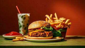 vegetariano hamburguesa y hecho en casa papas fritas en vibrante rápido foto