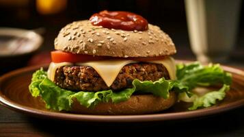 veggie burger on wholegrain bun with lettuce tomato photo