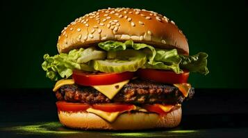 veggie burger with lettuce tomato and pickle on a photo