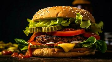 veggie burger with lettuce tomato and pickle on a photo