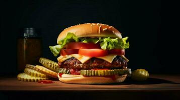 veggie burger with lettuce tomato and pickle on a photo