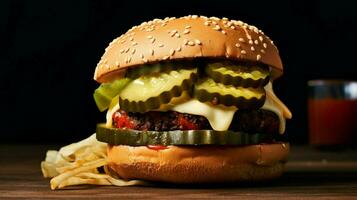 veggie burger with slice of avocado cheese and pi photo