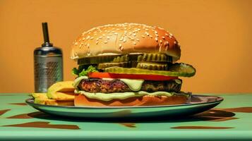 veggie burger with slice of avocado cheese and pi photo