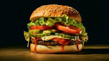 vegetariano hamburguesa con lechuga tomate y pepinillo en un foto