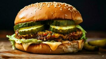 veggie burger with slice of avocado cheese and pi photo