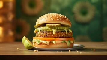 veggie burger with slice of avocado cheese and pi photo