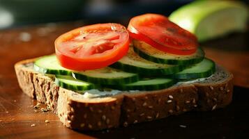 veggie sandwich with hummus cucumber and tomato o photo