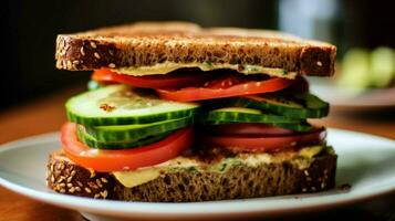 veggie sandwich with hummus cucumber and tomato o photo