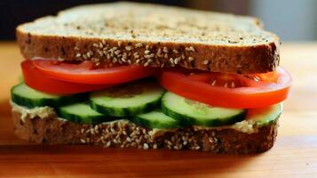 veggie sandwich with hummus cucumber and tomato o photo