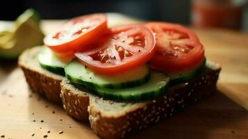 veggie sandwich with hummus cucumber and tomato o photo