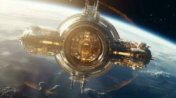 view of futuristic space station orbiting planet photo