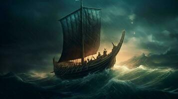 view of viking ship sailing past stormy sea with photo