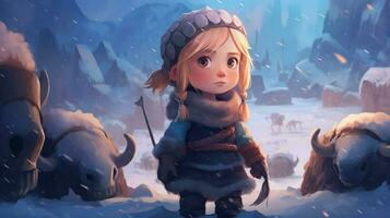 vikingo linda niña nieve asentamiento foto