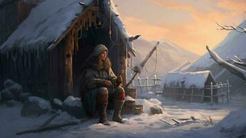 viking old woman snow settlement photo