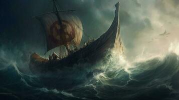 viking ship in stormy sea waves crashing against photo