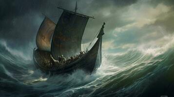 vikingo Embarcacion en Tormentoso mar olas estrellarse en contra foto