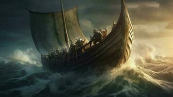 viking ship on stormy sea waves crashing against photo