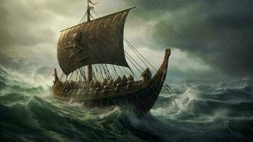 viking ship on stormy sea waves crashing against photo