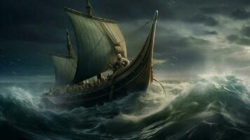 viking ship on stormy ocean with waves crashing a photo