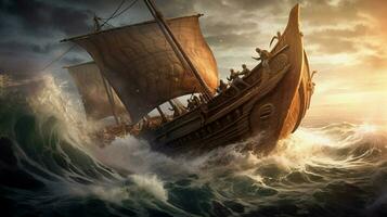 viking ship on stormy sea waves crashing against photo