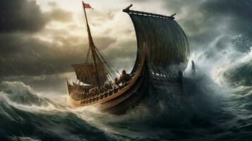 viking ship on stormy sea with waves crashing ove photo