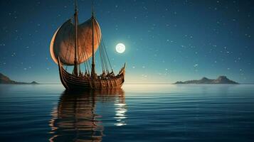 viking ship sailing in the calm waters with a cle photo